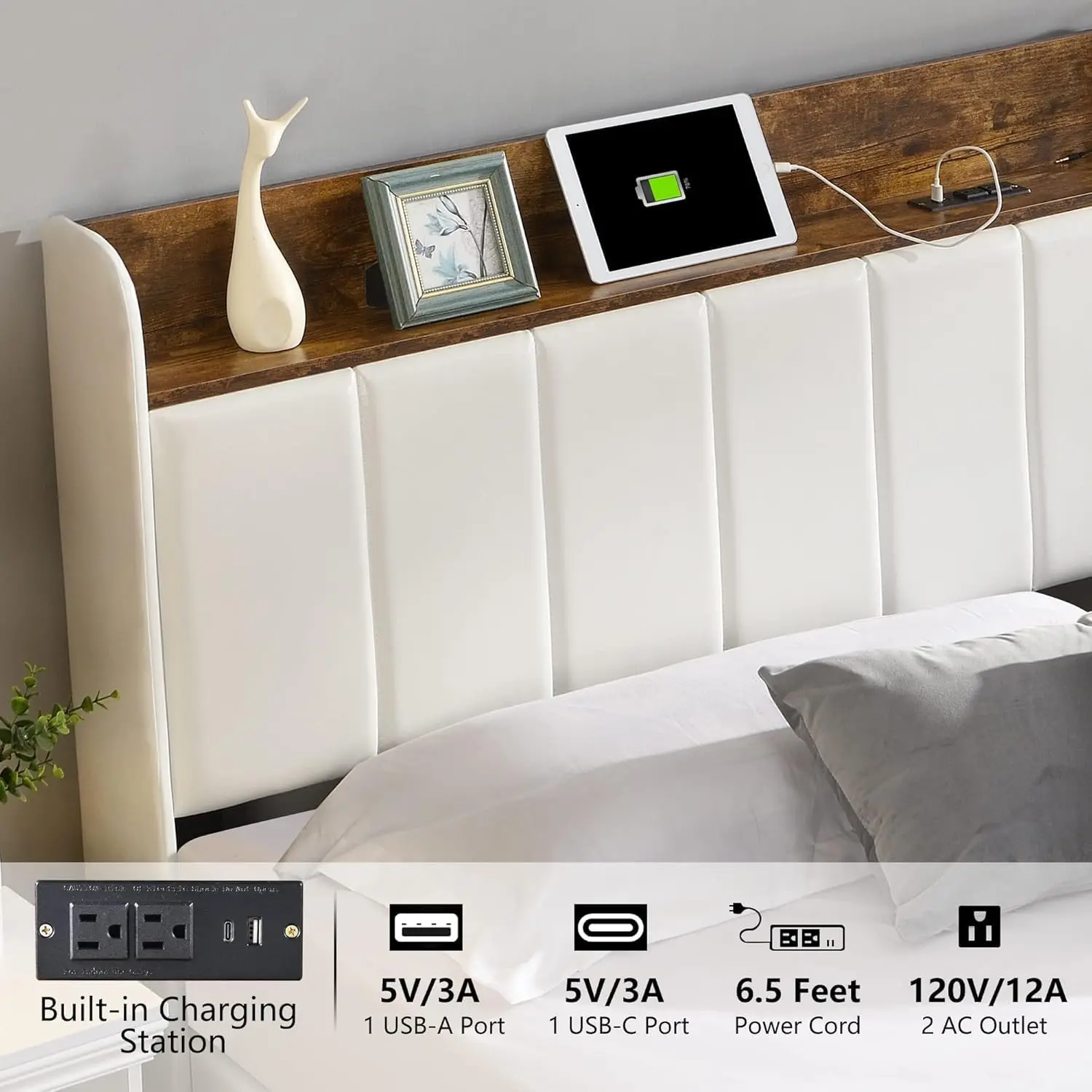 Queen Bed Frame with Headboard & Charging Station, Upholstered Platform Bed Frame with 2 Storage Drawers, Sturdy Wooden Slats