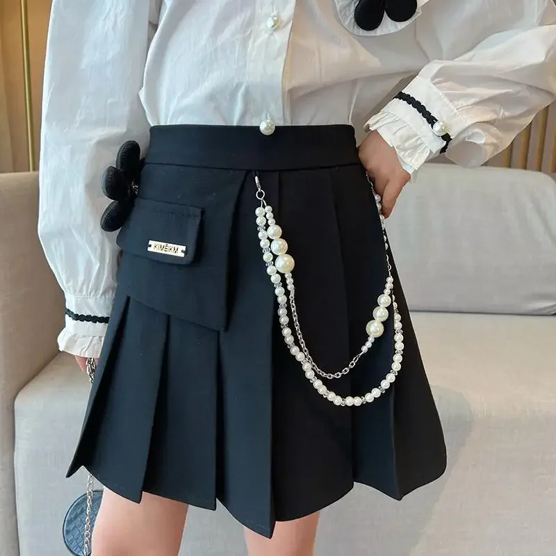 

Girls Skirts Vintage Children Sweet Pleated Skirts Chain Pearl High Waist Skirts School Teens Girl Clothing 3 4 6 8 10 12 14 Yrs