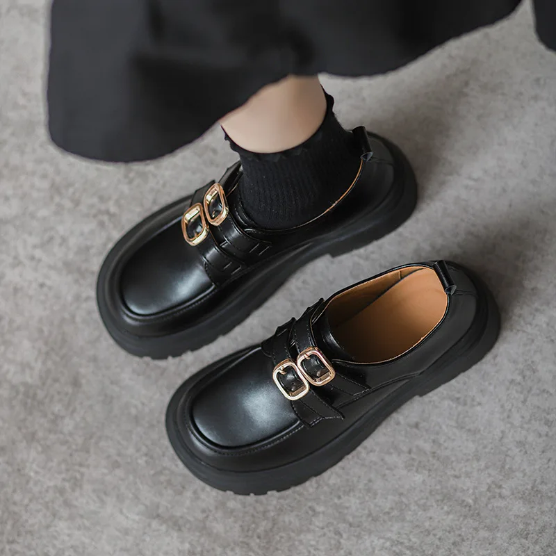 

Туфли дерби женские с круглым носком, повседневные кроссовки, лоферы, искусственная кожа, Осенняя обувь на платформе, без застежки, в британском стиле