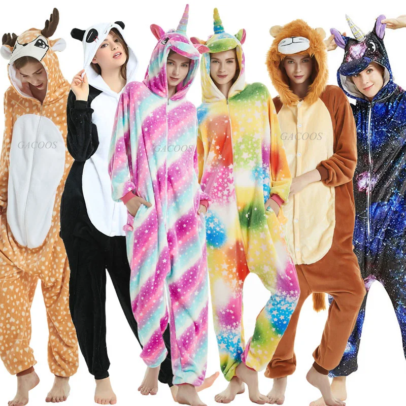 Adults Animal Onesies Unicorn Pajamas Couple Sleepwear Women Men Winter Unisex Kigurumi Costumes Cartoon Flannel Rabbit Pajamas
