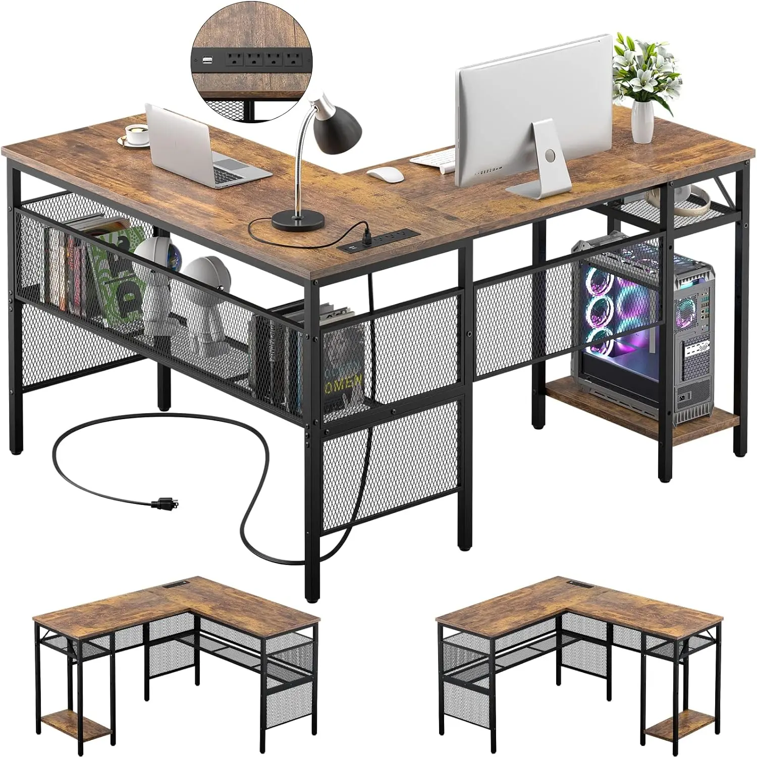 

Unikito L Shaped Computer Desk with Magic Portable 4 Power Outlets and USB Charging Ports, 55 Inch Reversible L-Shaped Corner Ta