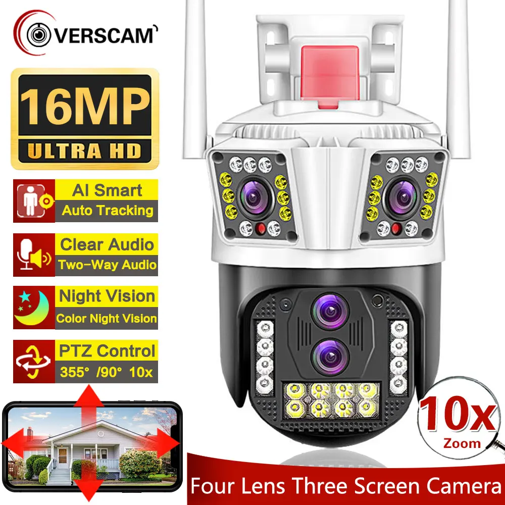 

8K UHD WIFI IP Camera Outdoor 10X Optical Zoom Auto Tracking 6K PTZ Four Lens Three Screen Waterproof Security CCTV Camera