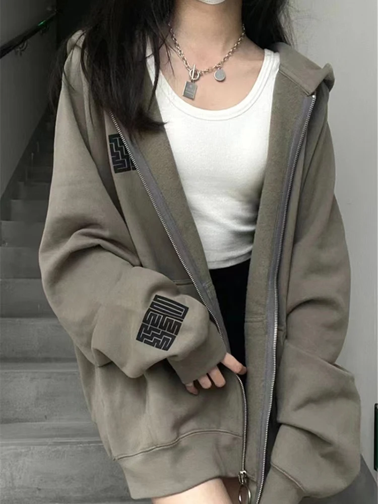 

Women Korean Style Hoodies Zip-up Harajuku Oversized Solid Pocket Hooded Sweatshirts Autumn Long Sleeve Loose Baseball Jacket