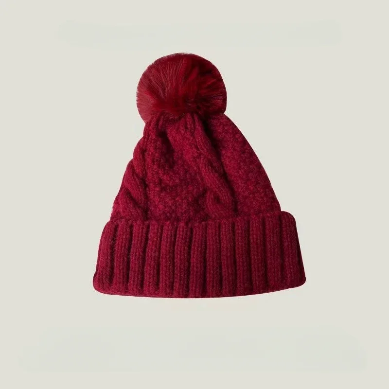 Winter Twist Knitting Hats Warm Fur Pompom Thick Plush Cap Beanies Solid Ladies Versatile Ski Snow Skullies Beanies Velvet Hat 4
