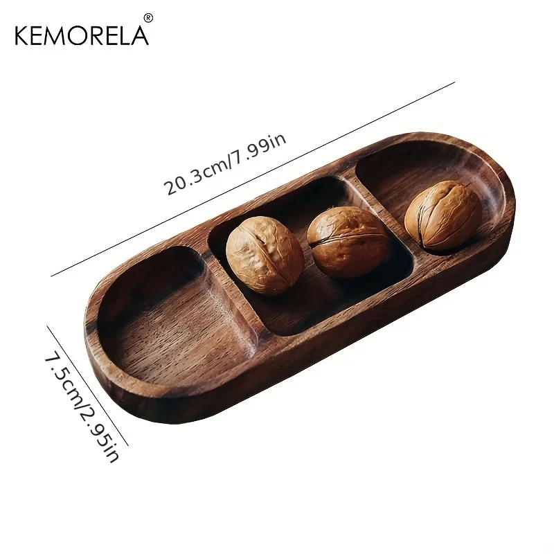 1PCS Acacia Wood Oval Three Compartment Japanese Dip Plate Breakfast Dip Plate for Japanese Pickled Vegetables dessert plate