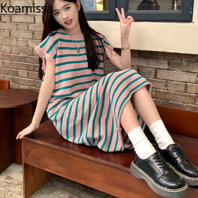

Koamissa Striped Dress for Women Summer Femme Short Sleevess Knitted Dresses All Match Causal Loose Straight Vestidos New Robes