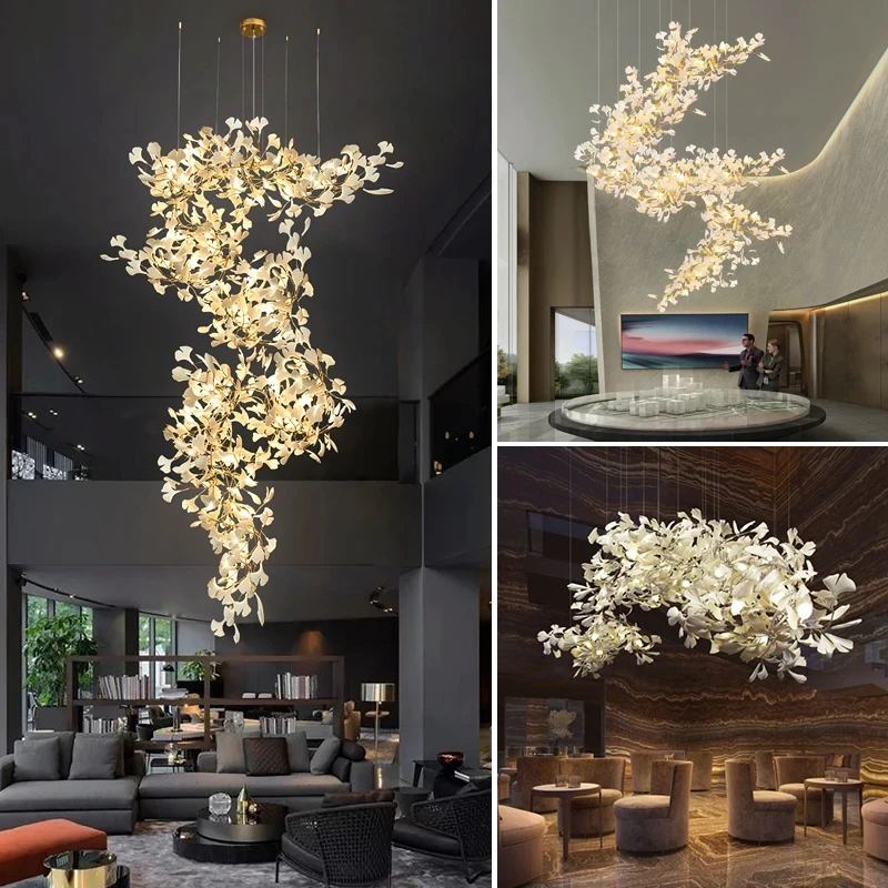 

Nordic Ginkgo Branch Leaves Chandelier For Staircase Living Room Hotel Lobby Modern Luxury Crystal Branch Chandeliers YX456FT