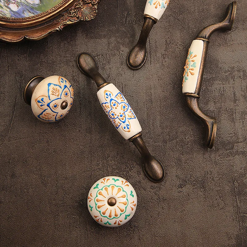 1 PC มือวาดเซรามิคตู้เสื้อผ้าประตูจับประณีตลิ้นชัก Knobs เฟอร์นิเจอร์ฮาร์ดแวร์ดึงตู้ครัว Handles 1