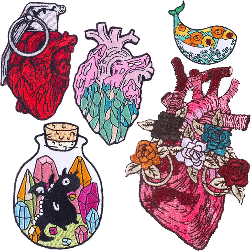 

Hippie Punk Rock Embroidery Patches DIY Heart Shaped Grenade Iron on Cloth Stickers Chest Badges Clothes Bags Hats Accessories