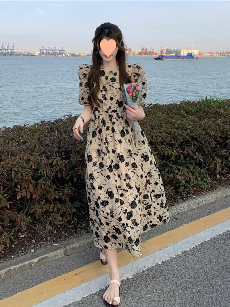 

French Soft Girl Floral Fairy Dress Women Elegant High Waisted Vintage Lolita Midi Dress Puff Sleeve Summer Casual Dress Robe