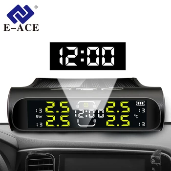 Carregamento solar sem fio TPMS Monitoramento em tempo real com display de relógio eletrônico 4 sensores Sistema de monitoramento de pressão dos pneus