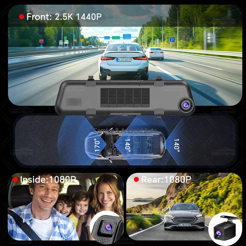 OBDPEAK Mirror Dash Camera Car Rearview DVR Carplay