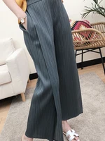 Miyake Pleated Black High Waist Split Side Straight Pants Women Causal Loose Cropped Trousers 1