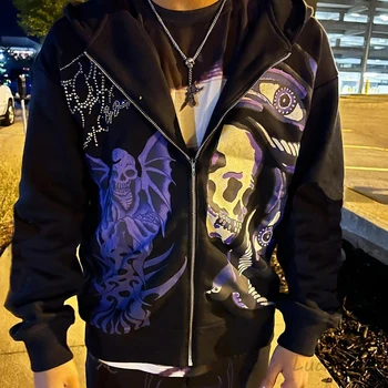 Rhinestone Skull Purple Oversized Men's Jacket Zip Hoodie 1