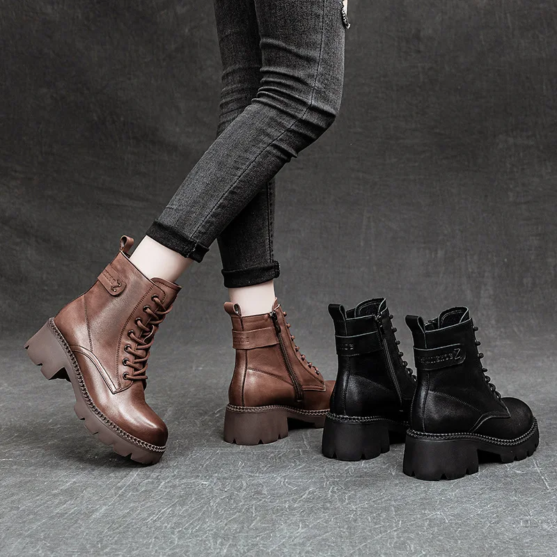 Fashion New Genuine Leather Shoes Women Boots Black Round Toe Flat With Handmade Sexy Concise Leisure Sewing Platform Boots Larg