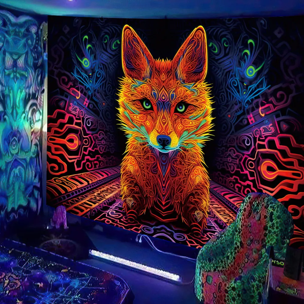 Black Light UV Tapestry with Psychedelic Fox hippe DJ Design for Party Decor Wall Tapestry AliExpress