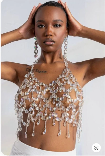 Women Sexy Pearls Beaded Cami Top Pearl Crop Top Spaghetti