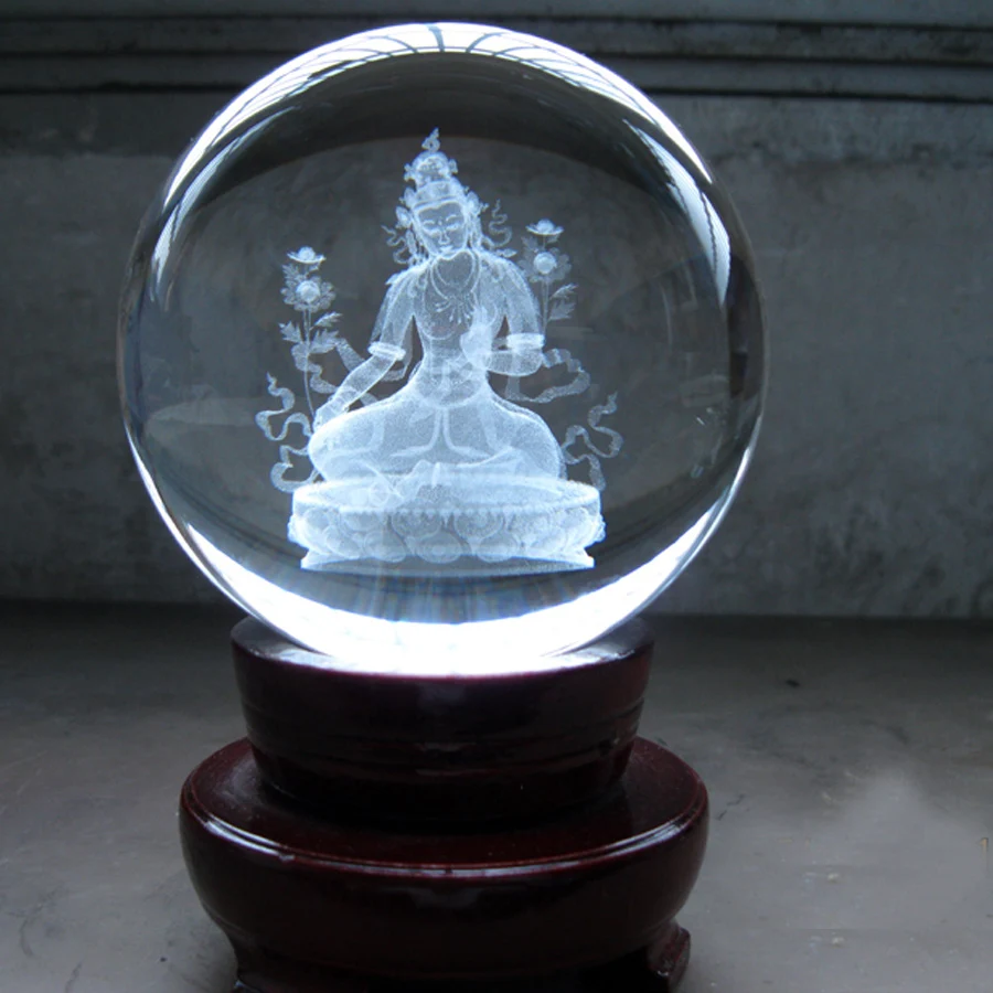 

Wholesale Buddhist supplie HOME Altar Efficacious bless Green white Tara GUANYIN PUSA buddha 3D Crystal ball protective talisman