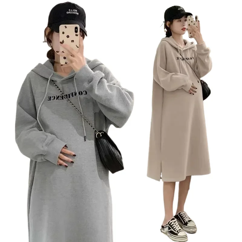 Autumn Winter Pregnant Woman Sweater Dress Block Solid Hooded Maternity Sweatshirts Long Loose Pregnancy Hoodies Dresses