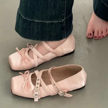 Mary Jane Shoes for Women's 2025 Summer New Fashion Sandals Square Head Ballet Shoes Flat Bottom Shallow Mouth Retro Single Shoe 1