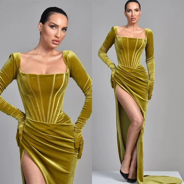 Customized Fashion Velour Evening Dresses Exquisite Square Collar Long Sleeves Homecoming Dresses Luxury Special Occasion Gowns 1