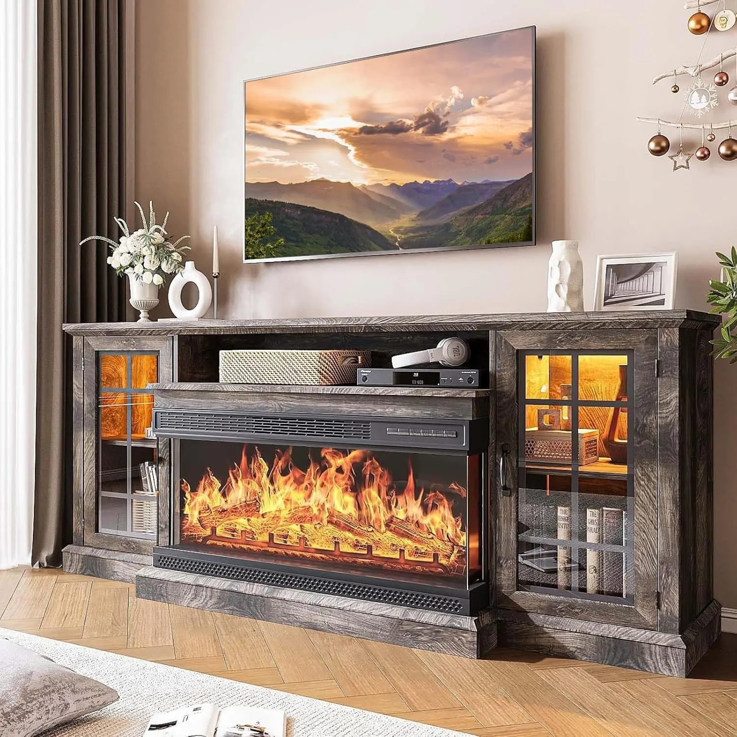 Description Picture 2 of item36 Inch 3-Sided Glass Fireplace TV Stand for TVs up to 80", Rustic Media Entertainment Center Console Table with Glass Door