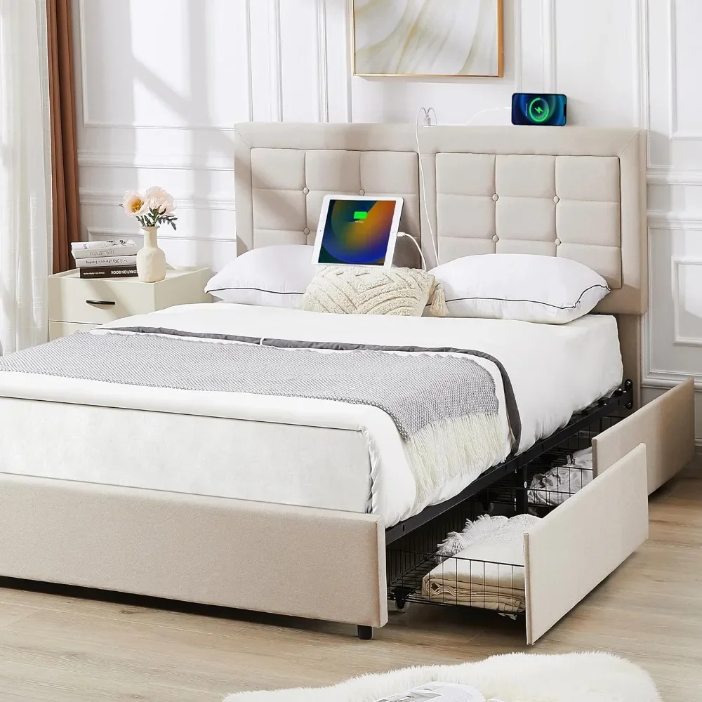 

Queen Size Bed Frame with 4Drawer, Tufted Upholstered Headboard, Wood Slats Support with Built Charging Ports, Queen Bed Frame