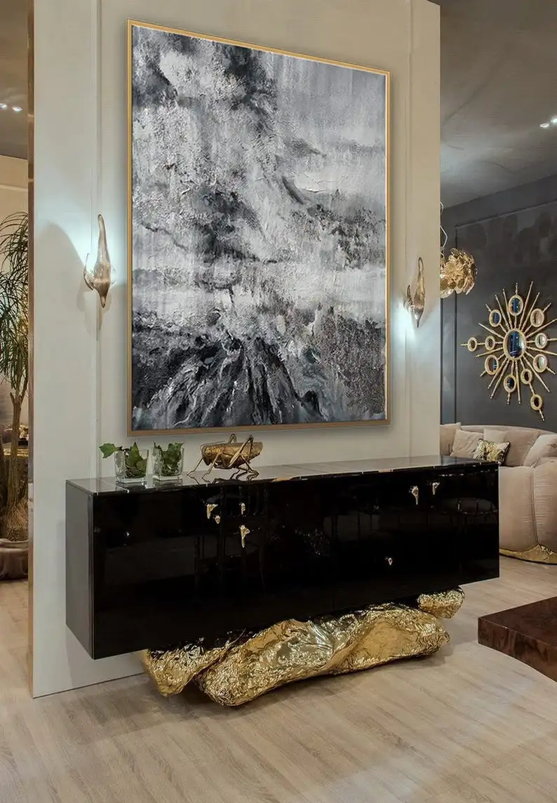 

Extra Large Textured Abstract Vertical Painting Modern Canvas Art Oversize Texture Acrylic Painting Black Gray White Silver Leaf