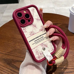 Retro Flower Pattern Wrist Strap Lanyard Rope Soft Silicone Bumper Case Cover - iPhone 14 (Wine Red)