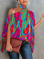 Plus Size Sexy Halter Loose Blouse Tops Women's Elegant Print Off Shoulder Batwing Sleeve Pullover Shirt 2023 Summer Fashion Str - Image 4
