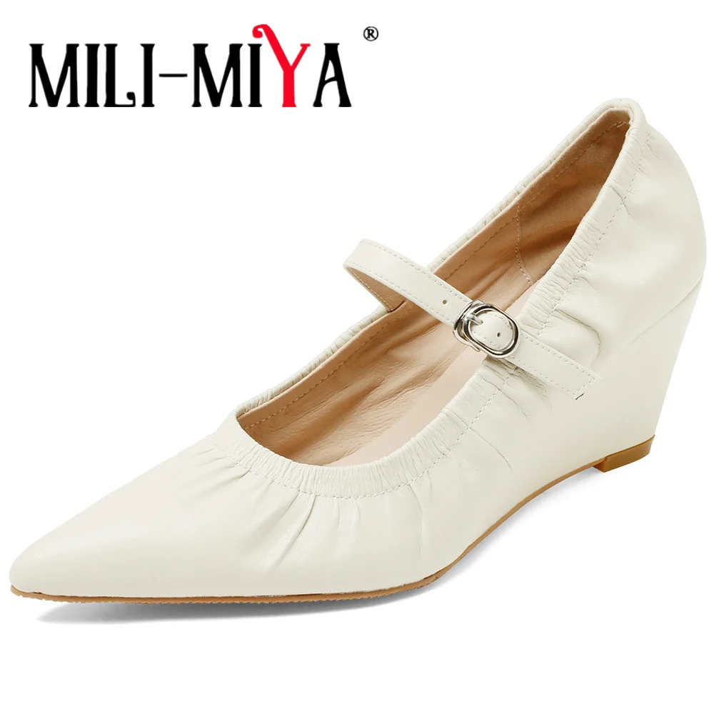 

MILI-MIYA Fashion Wedges Heels Women Full Genuine Leather Pumps Sexy Pointed Toe Buckle Strap Solid Color Dress Party Shoes