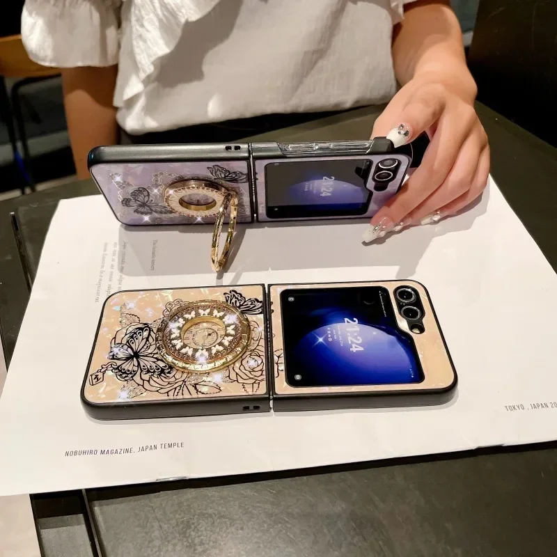 Luxus-Design Schmetterling Glitzer Metallring Hülle für Samsung Galaxy Z Flip 6 5 4 3 Flip6 Flip5 4 3 5G Frau Ring Stand Back Cover_voghion.com