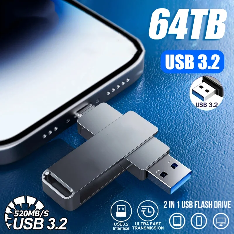 Ultra-Speed Metal Flash Drive - 64TB USB 3.2 Waterproof Type-C Pen Drive