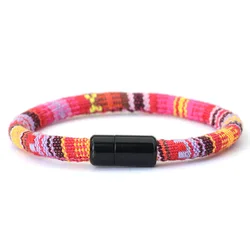Bohemian Magnetic Clasp Cord Bracelet - Ethnic Friendship Jewelry - S 17.5cm 6.9Inch (Red Yellow)