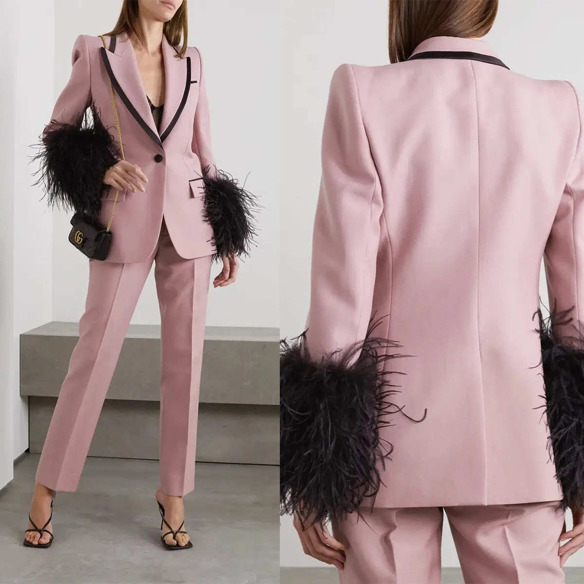 

Feather Women Suits Custom Made Office Lady Fashion Long Sleeve V Neck Slim Fit Blazer Pants Sets 2 Pieces