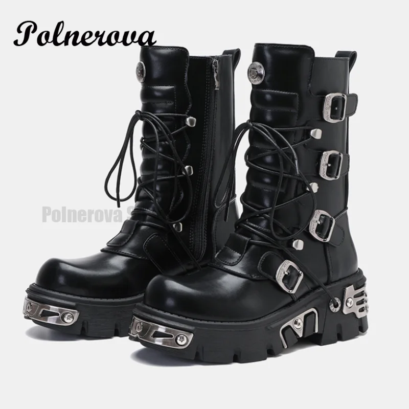 Stivali Alti Vintage Donna Stivali In Pelle Da Motociclista In Metallo Stile Street Spagnolo Piattaforma Punk Rock Stivali Con Suole Spesse Per Donna 