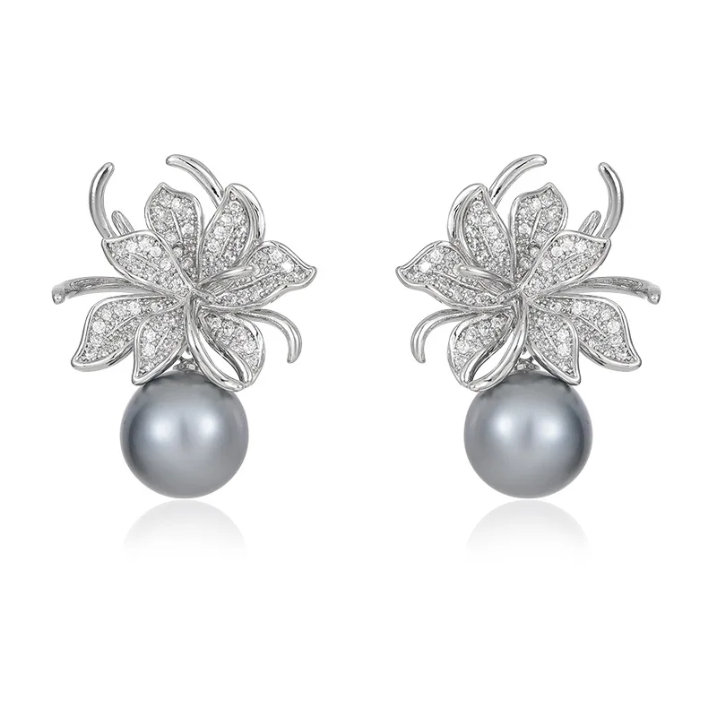 Elegant Temperament Pearl Flower Earrings S925 Silver Needle Micro Pave CZ Stone Gold Plated Wedding Bridal Dangle Jewelry