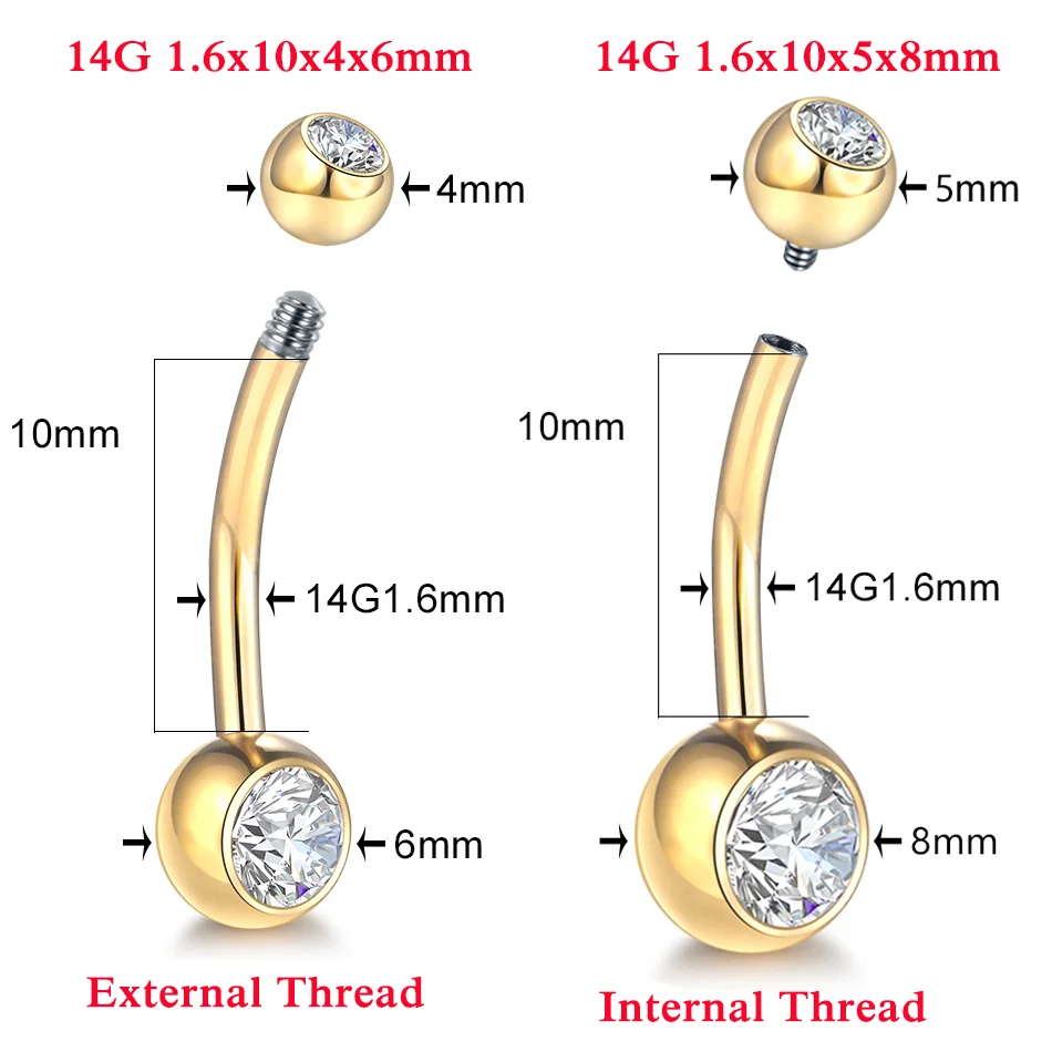 Titanium Double Ball Zircon Belly Button Ring 14G Internally