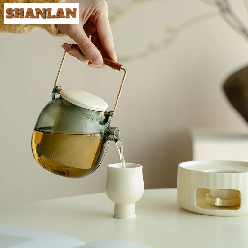 Milk Yellow One Pot Two Cups Candle Warm Tea Stove Set Chinese Ceramic Heating Tea Base Thickened Glass Cooking Kettle Gift Box