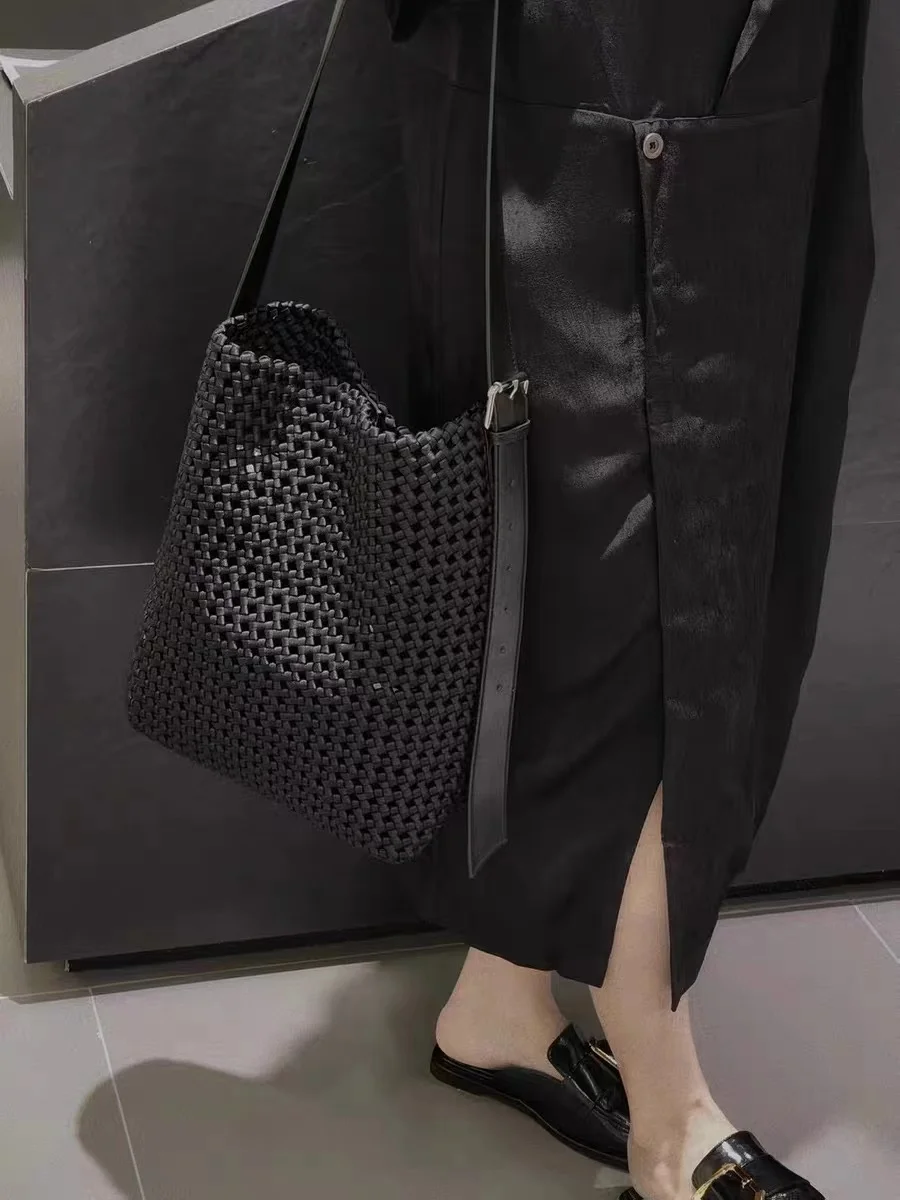 High Quality Casual Bag Hollow Out Nylon Woven Handmade Bucket Bag Women Handbag Large Capacity Tote Bag Lady Purse Shoulder Bag