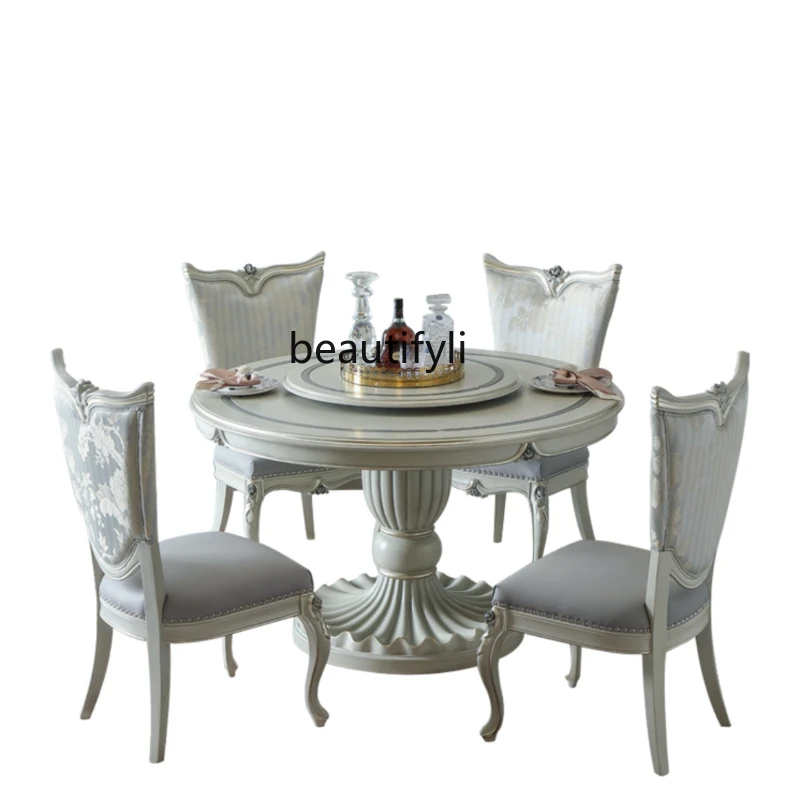 

French Entry Lux Solid Wood Turntable round Table European Court Luxury Villa Large Flat Dining Table and Chair
