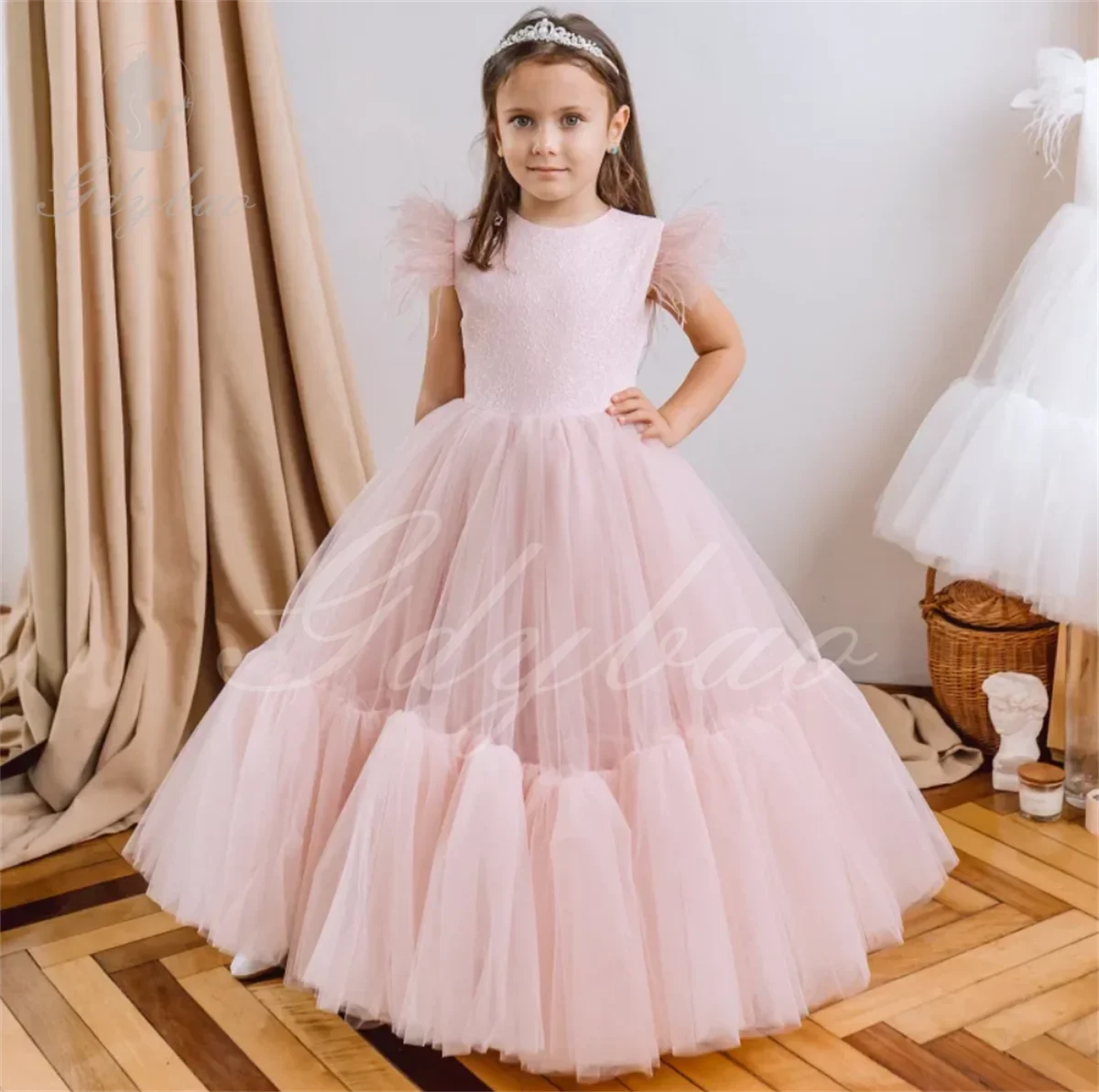 

Pink Flower Girl Dresses Tulle Applique Feather Sleeve for Wedding Birthday Banquet First Communion Dresses