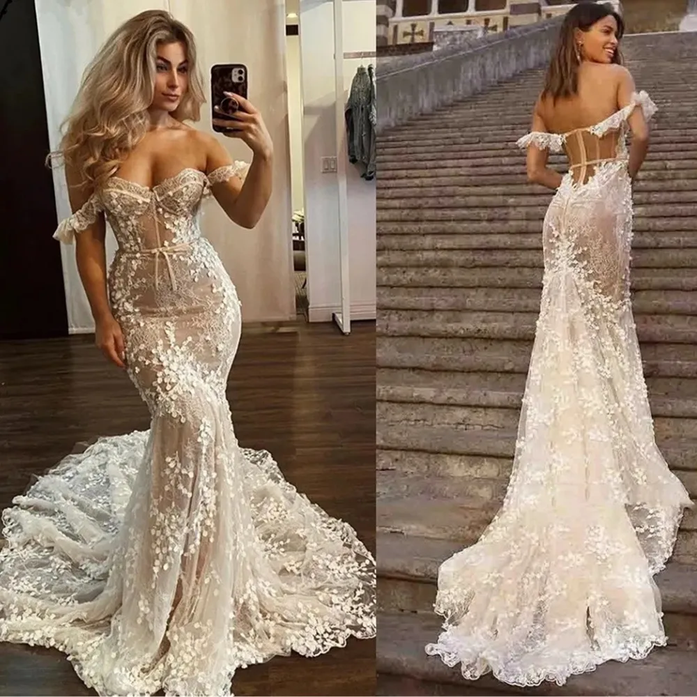 

Sexy Off The Shoulder Mermaid Wedding Dresses Champagne Lining Floral Lace Appliqued Corset Bridal Gowns Sweep Train Plus Size B