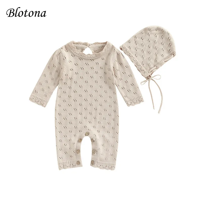 

Blotona 2Pcs Baby Girl Boy Romper Outfit, Solid Color Hollow Out Knitted Long Sleeve Jumpsuit + Hat Set for Infants, 3-24 Months