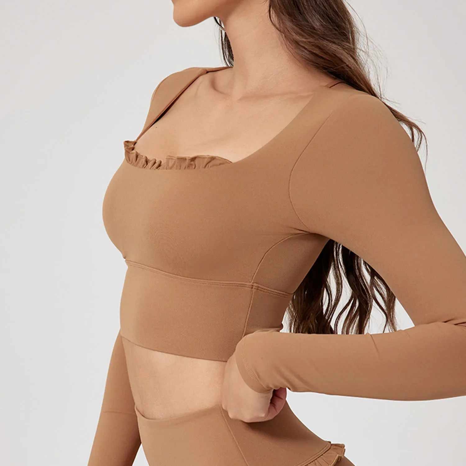 Yoga Top Sports Shirt Fast Drying Fitness Sports Long Sleeve Top Running Square Neck Lace Tight Outwear with Chest Pad Long Sleeve Sports Yoga Clothes