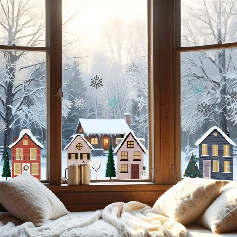 Christmas Houses Window Stickers Removable Self-adhesive Double Sided Snowflakes Xmas Tree Wall Glass Decals Home Decoration