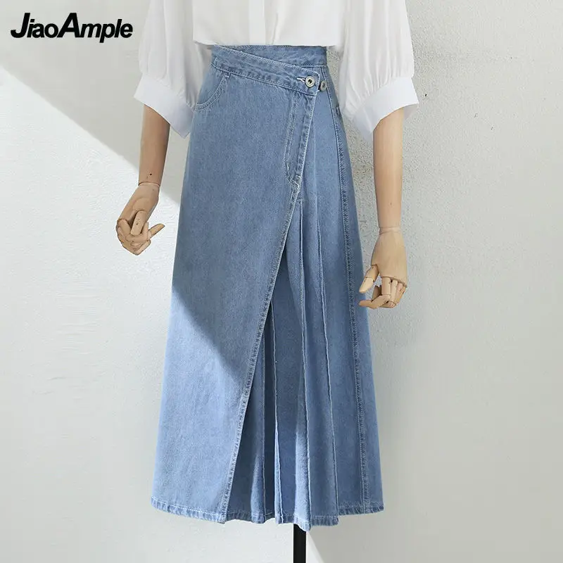 

Women's Midi Denim Skirts Fashion Pleated Asymmetrical Jeans Skirt Spring Summer High Waist Skirt Female 2022 New Clothing