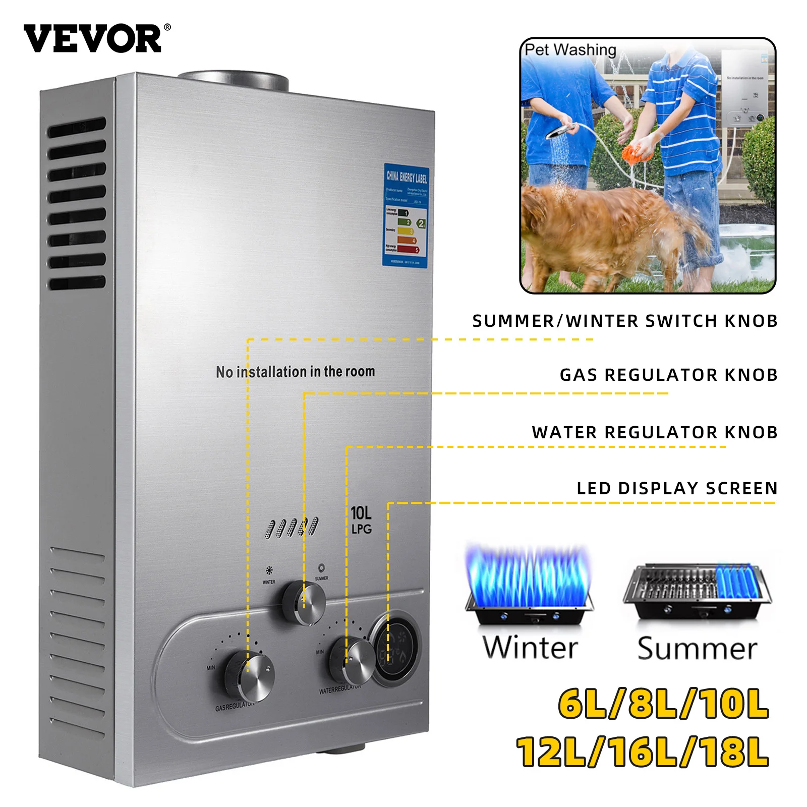 6l/8l/10l/12l/16l/18l Portable Water Heater Propane Gas Lpg Wall-mounted  Tankless Water Heater Digital Display - Gas Water Heaters - AliExpress