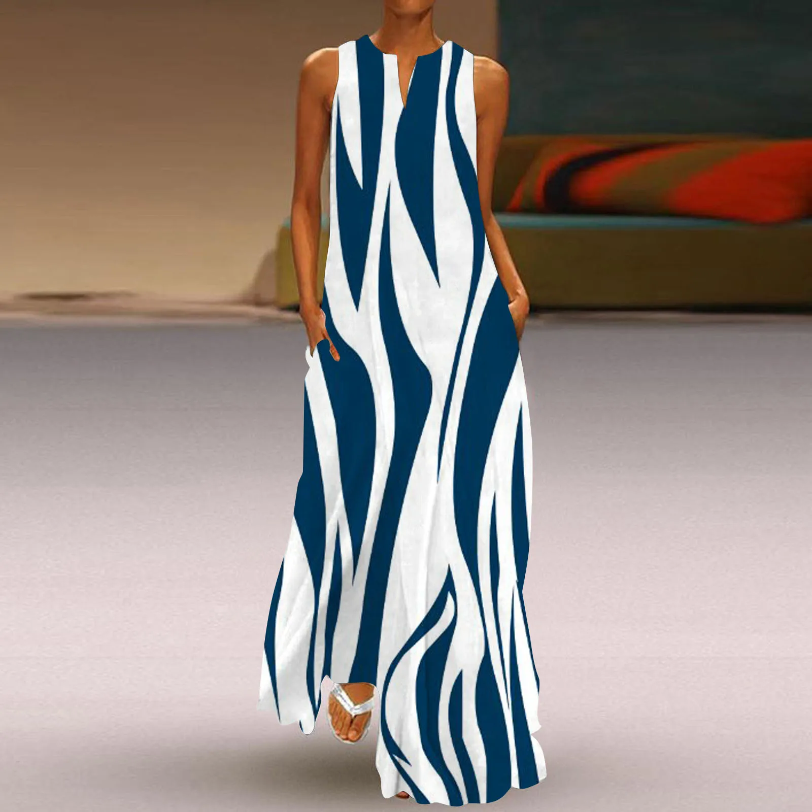 

Women Summer Casual Sleeveless Print V Neck Maxi Loose Tank Dress Boho Beach Dresses in Women Sleeveless Knit Dresses for Women