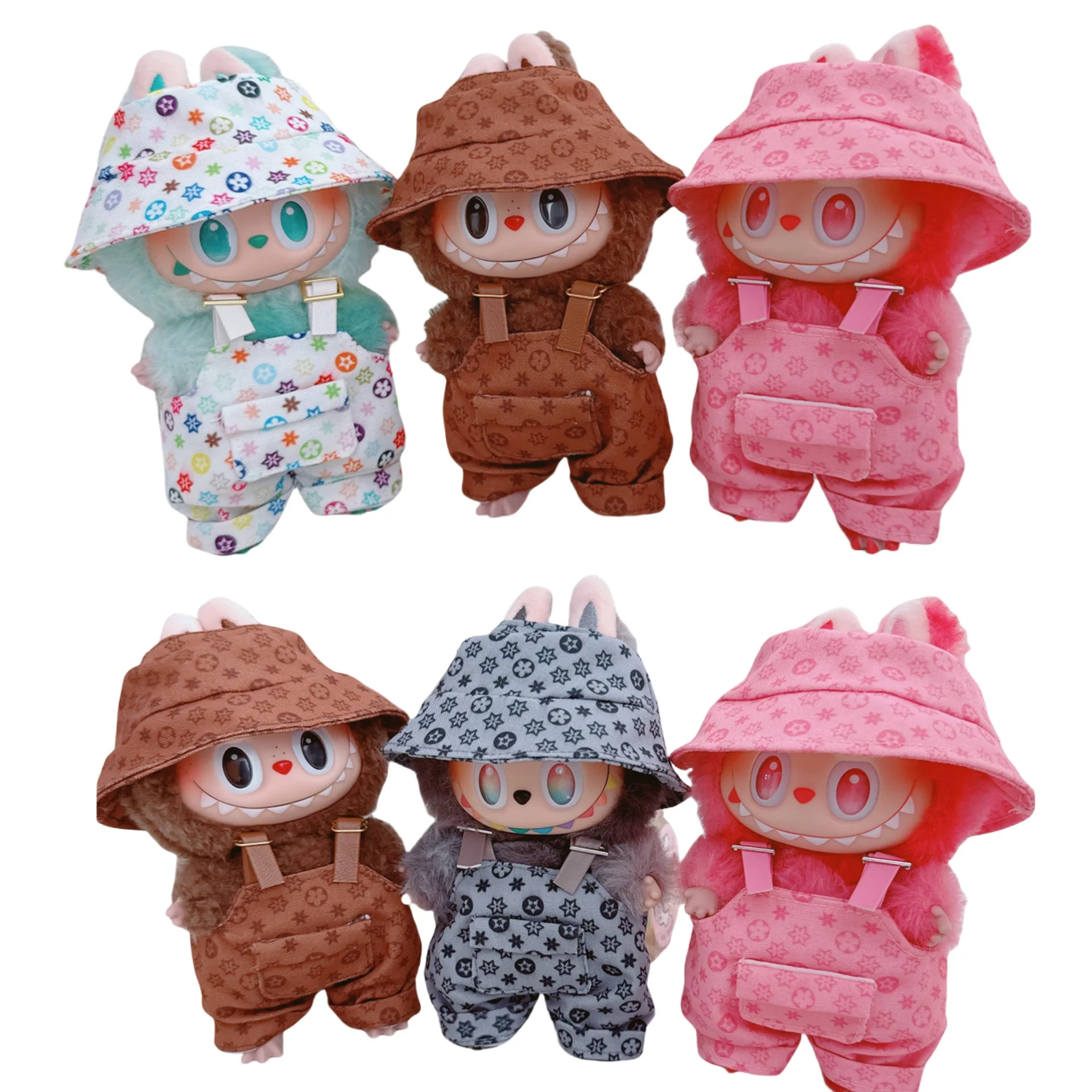 For 17cm Labubu Luxury Clothing Trendy Fisherman Hat Overalls Set V1 V2 V3 Labubu Clothes outfit Doll Accessories DIY Toys 6